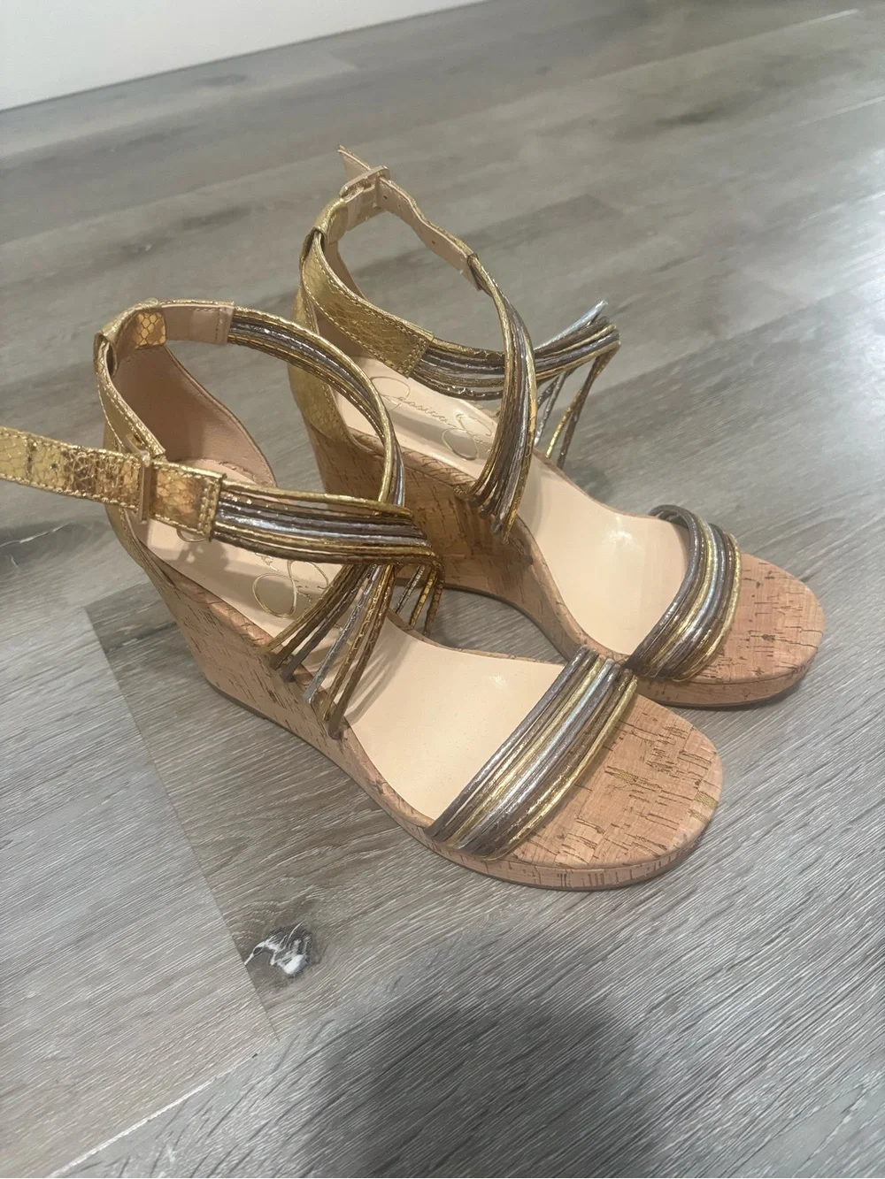 Jessica Simpson Gold Metallic Cork Wedge Sandals